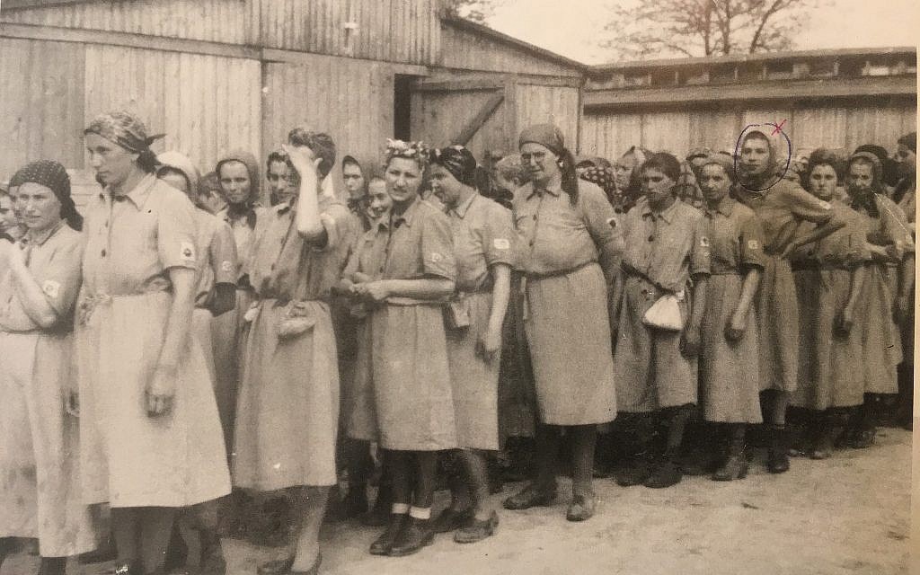 Bobby Neumann, circled, at age 15, on her second day in Auschwitz in an image taken by a Nazi photographer that was discovered in an album after the war. Published as 'The Auschwitz Album' by Yad Vashem. (Courtesy)