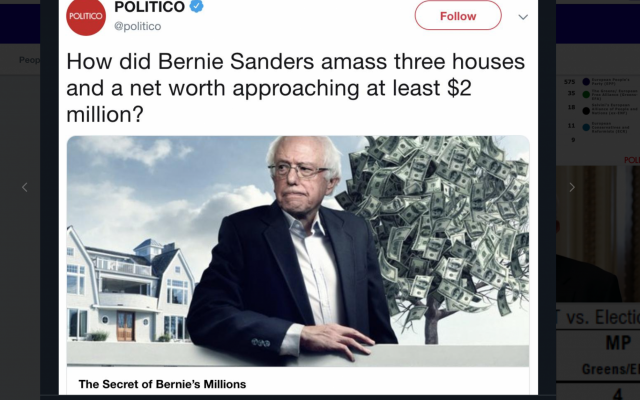 A tweet from POLITICO of their May 2019 cover story on Bernie Sanders. (Screen capture/Twitter)