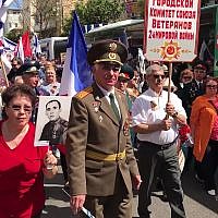Red Army veterans and supporters march in Haifa for Victory Day, celebrating victory over the Nazi regime in World War II, on May 10, 2019. (YouTube screenshot)