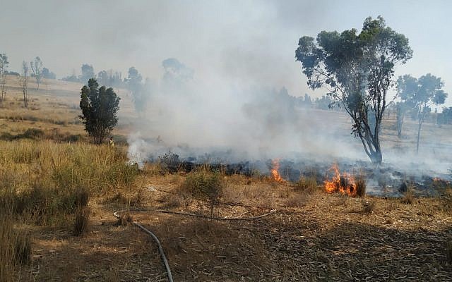 Firefighters work to extinguish a blaze in the Eshkol region of southern Israel that was sparked by a balloon-borne incendiary device from the Gaza Strip on May 22, 2019. (Eli Cohen/Fire and Rescue Services)