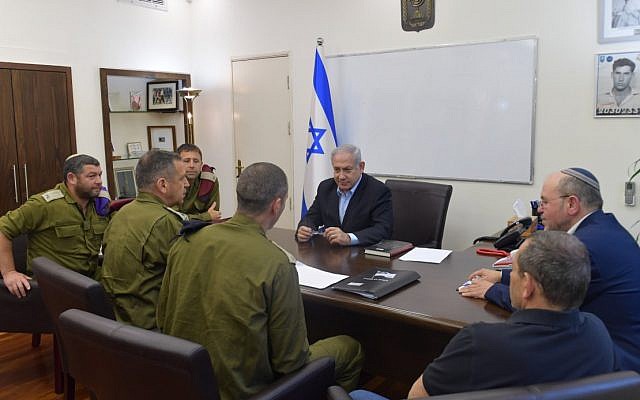 Prime Minister Benjamin Netanyahu holds consultations with the IDF's Chief of Staff, the directors of the ISA & NSC and security officials at the Kiriya in Tel Aviv, May 4, 2019 (Courtesy)