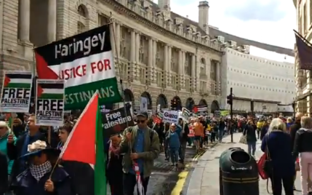 Pro-Palestinian protesters march through London's Regent Street, May 11, 2019. (Twitter screenshot)