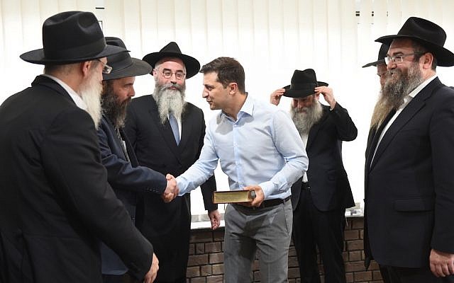Vlodymyr Zelensky, Ukraine's newly elected Jewish president, meets with rabbis in Kiev in early May 2019. (Courtesy of the Jewish Community of Dnepro/ via JTA)