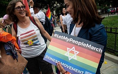 Activists with Zioness at the Dyke March in Washington, DC, on June 7, 2019. (NICHOLAS KAMM / AFP)