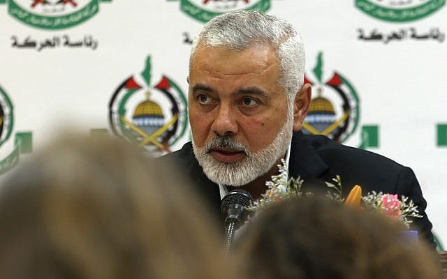 Hamas leader Ismail Haniyeh speaks during a meeting with foreign reporters in Gaza City on June 20, 2019 (Mohammed Abed/AFP)