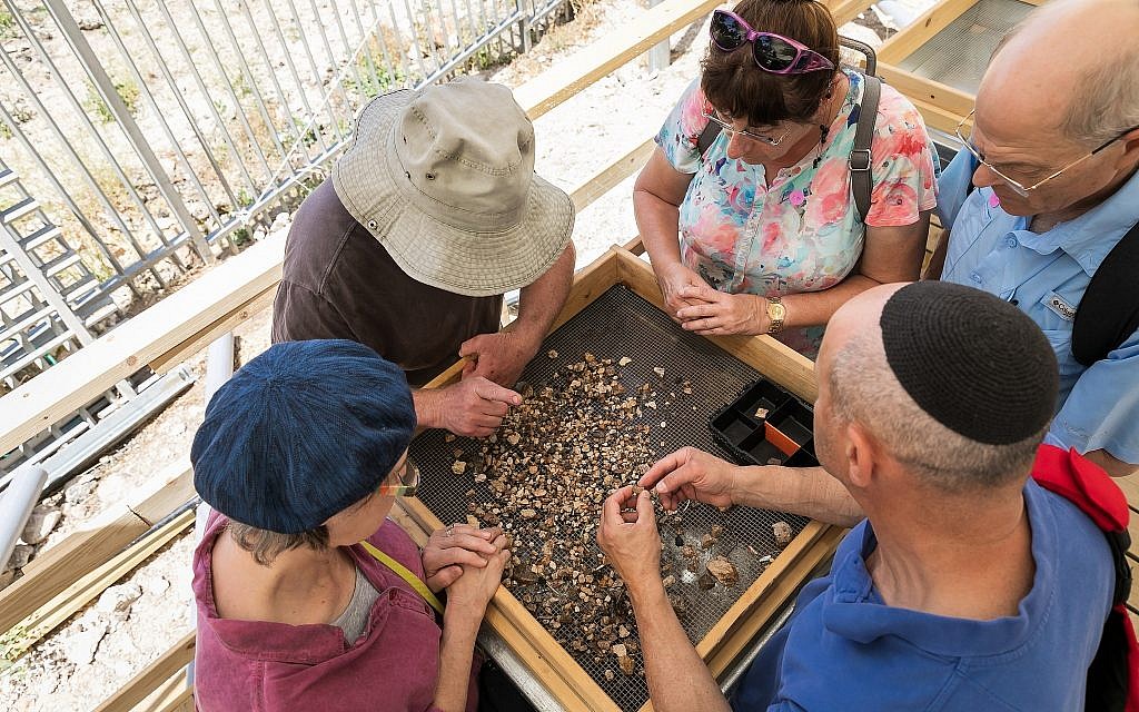 Visitors sifting buckets of earth from the Temple Mount at the relaunch of the Temple Mount Sifting Project, June 2, 2019. (Yosef Huri)