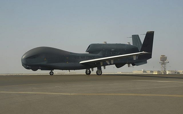 In this February 13, 2018, photo released by the US Air Force, an RQ-4 Global Hawk is seen on the tarmac of Al-Dhafra Air Base near Abu Dhabi, United Arab Emirates. (Airman 1st Class D. Blake Browning/US Air Force via AP)