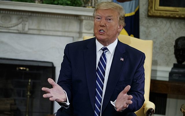 US President Donald Trump speaks during a meeting with Canadian Prime Minister Justin Trudeau at the White House, in Washington, DC, on June 20, 2019. (AP/Evan Vucci)