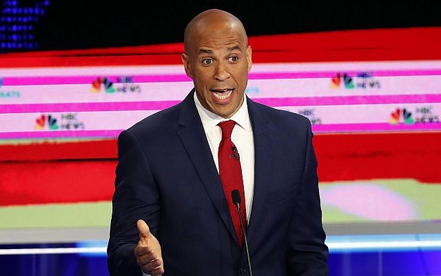 Democratic presidential candidate Sen. Cory Booker, D-N.J., speaks at a Democratic primary debate hosted by NBC News at the Adrienne Arsht Center for the Performing Art, Wednesday, June 26, 2019, in Miami. (AP Photo/Wilfredo Lee)