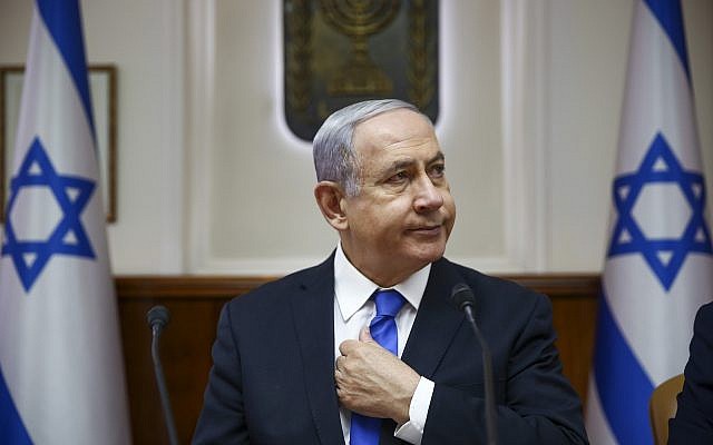 Prime Minister Benjamin Netanyahu chairs the weekly cabinet meeting at his office in Jerusalem, June 30, 2019. (Oded Balilty/AP)