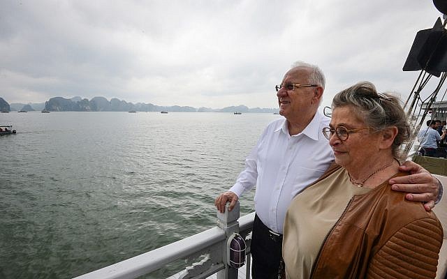 President Reuven Rivlin and his wife Nechama at a cruise in Ha Long Bay, Vietnam on March 22, 2017.(Kobi Gideon / GPO)