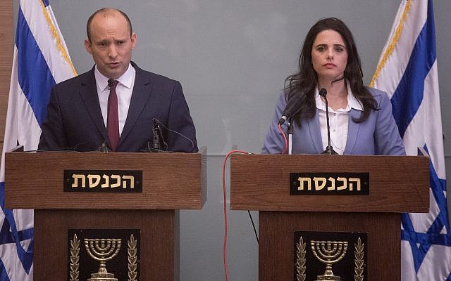 Education Minister Nafatli Bennett (L) and Justice Minister Ayelet Shaked give a press conference at the Knesset on November 19, 2018. (Miriam Alster/ Flash90/ File)