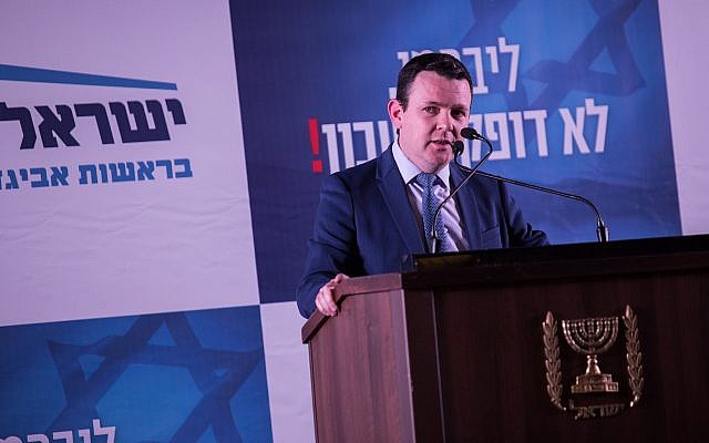 Yisrael Beytenu member Evgeny Sova at a party event in the southern coastal city of Ashkelon on February 19, 2019. (Hadas Parush/Flash90)