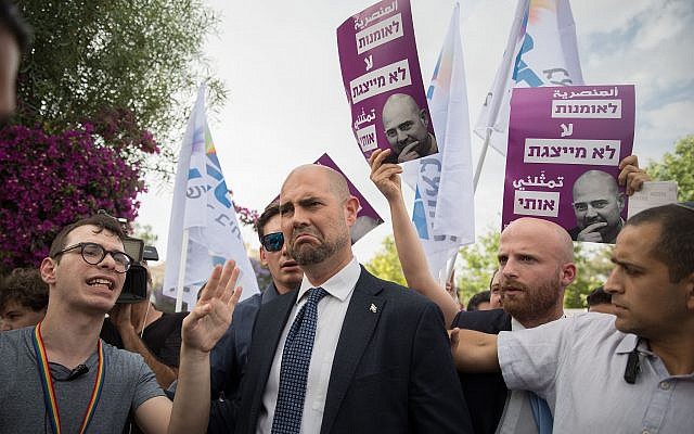 Amir Ohana attends the annual Pride Parade in Jerusalem on June 6, 2019. (Noam Revkin Fenton/Flash90)