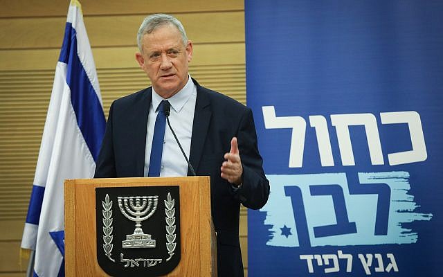 Blue and White party leader Benny Gantz at a faction meeting at the Knesset on June 12, 2019. (Yonatan Sindel/Flash90)