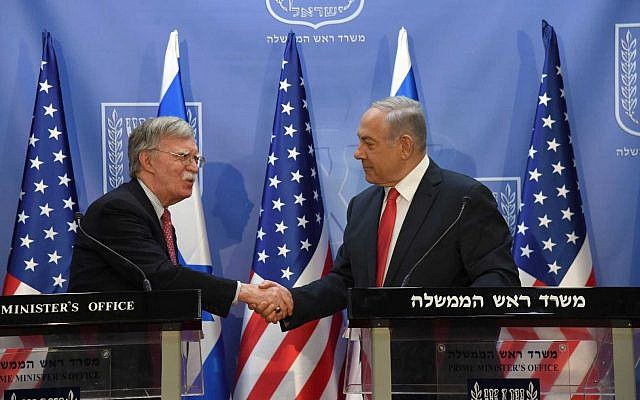 US National Security Adviser John Bolton, left, meets with Prime Minister Benjamin Netanyahu at the Prime Minister's Office in Jerusalem, June 23, 2019. (Haim Zach/GPO)