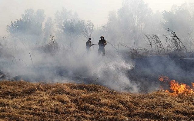 Firefighters battle a brushfire in southern Israel near the Gaza border that was started by an incendiary device launched from the Gaza Strip on June 24, 2019. (Yankele Grossfeld/Sha'ar Hanegev Regional Council)