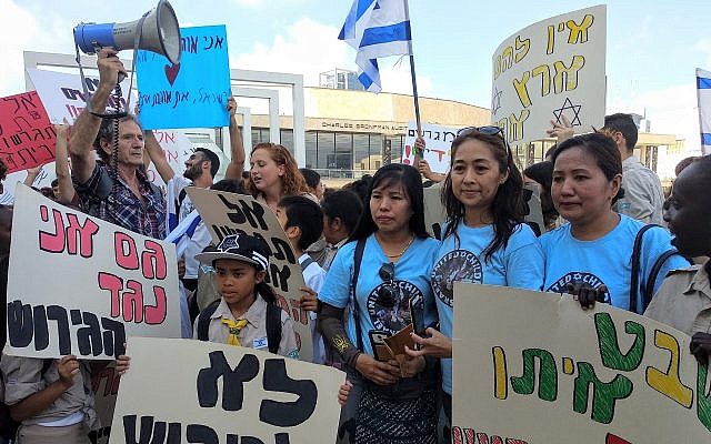 Women with the Filipino community group United Children of Israel, which helped organize the protest against deportations, in Tel Aviv on June 24, 2019. (Melanie Lidman/Times of Israel)