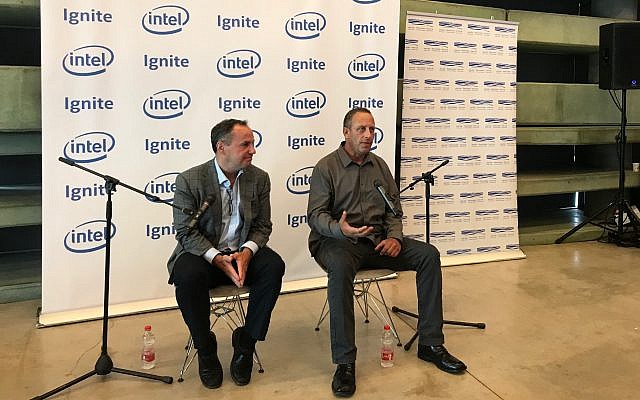 Bob Swan, the CEO of Intel Corp., left, and Yaniv Garty, general manager of Intel Israel, at a press conference on June 16, 2019, at the Peres Center for Peace and Innovation to launch a new accelerator program in Tel Aviv (Shoshanna Solomon/Times of Israel)