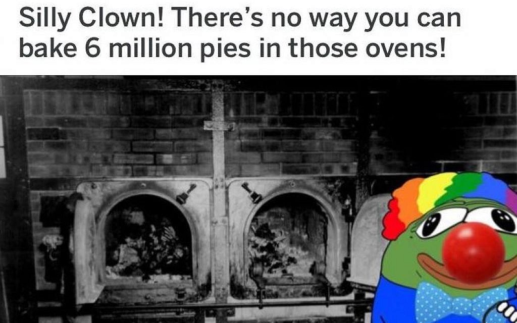 A cartoon clown figure alongside an image of ovens used by the Nazis in the Holocaust, with commentary stating: "Silly Clown! There's no way you can bake 6 million pies in those ovens!" This is a detail from an image posted to the /r/frenworld community, banned by Reddit in June 2019 (Reddit screenshot)