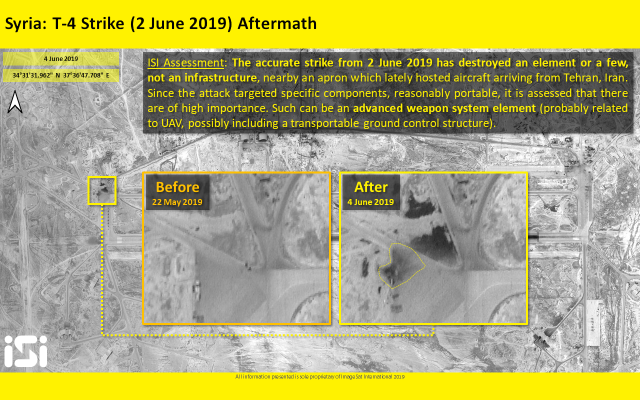 Satellite photos released by ImageSat International shows the aftermath of an airstrike attributed to Israel that targeted the Syrian T-4 air base near Palmyra on June 2, 2019. (ImageSat International)