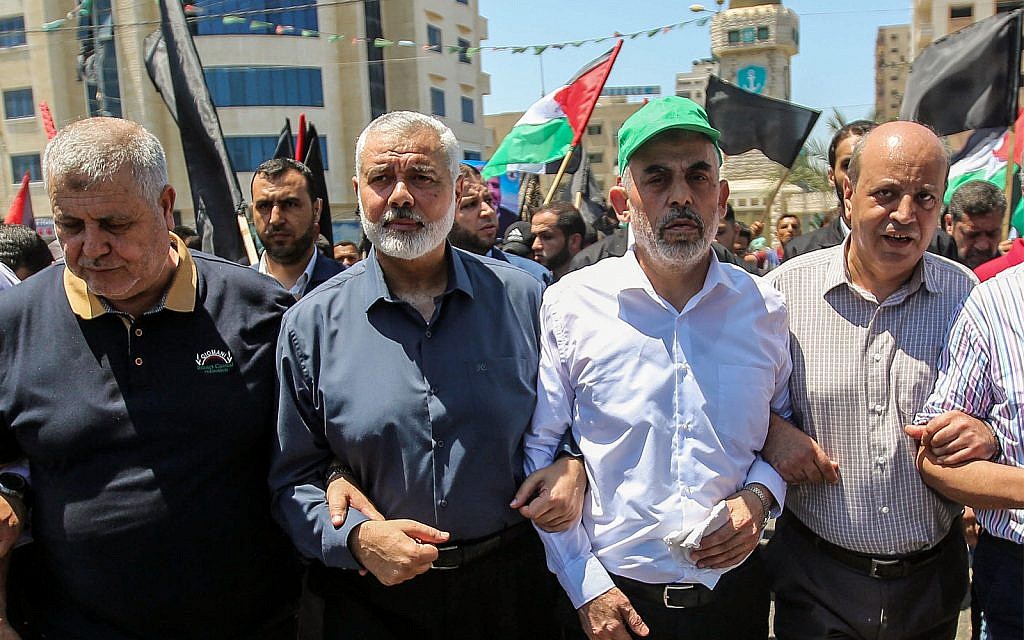 Hamas leaders Ismail Haniyeh and Yahya Sinwar in Gaza City, June 26, 2019. (Hassan Jedi/Flash90)