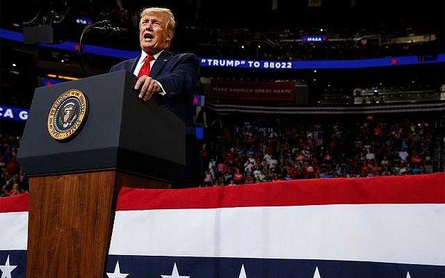 US President Donald Trump speaks during his re-election kickoff rally at the Amway Center in Orlando, Florida, June 18, 2019. (AP Photo/Evan Vucci)