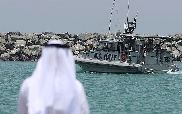 A US Navy patrol boat leaves a 5th Fleet base near Fujairah, United Arab Emirates, June 19, 2019. (AP Photo/Kamran Jebreili)