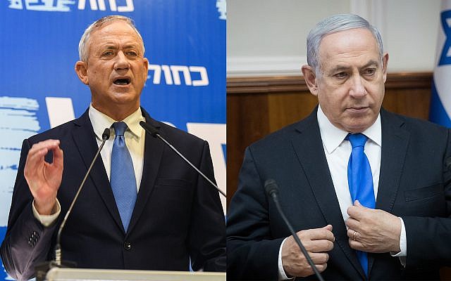 Blue and White head Benny Gantz, left, and Prime Minister Benjamin Netanyahu, right. (Flash90)