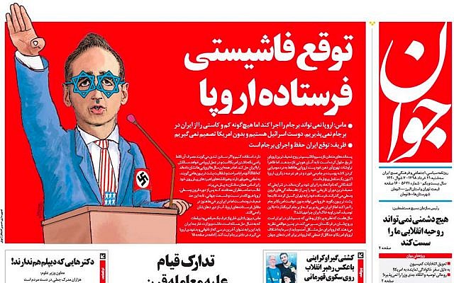 A cartoon in Iran's ultra-conservative Javan newspaper depicting German Foreign Minister Heiko Maas wearing blue Star of David glasses and performing a Nazi salute. The Iranian press slammed Maas for speaking in defense of Israel. June 11, 2019. (Screenshot/Twitter)