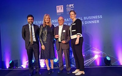 Israeli startups N-Drip gets Overall Award Excellence in Disruptive Solution at 2019 Transformational Business Awards of the International Finance Corporation (IFC) and The Financial Times (FT); left to right: Ravi Mattu (FT), Vivienne Ming, (Socos Labs), Prof. Uri Shani, Chairman & CTO, N-Drip, Kelly Widelska (IFC); London, June 13, 2019  ( FT/IFC)