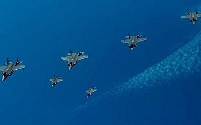 F-35 fighter jets from Israel, the United States, and the United Kingdom take part in an aerial exercise over the Mediterranean Sea, on June 25, 2019. (Israel Defense Forces)