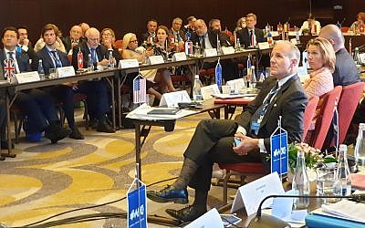 Elan Carr, the US envoy against anti-Semitism, and his EU counterpart Katharinas von Schnurbein at a summit meeting in Bucharest, Romania, on June 17, 2019. (Cnaan Liphshiz via JTA)