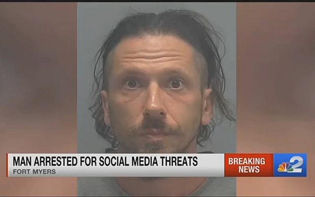 Joshua John Leff, 40, arrested in Fort Myers, Florida, and charged with intimidation, sending written threats to kill minorities including Jews. (YouTube screen capture)
