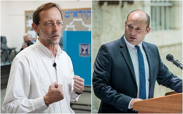 (L) Zehut party leader Moshe Feiglin, casts his ballot at a voting station in the Karnei Shomron settlement during the Knesset elections on April 9, 2019. (Hillel Maeir/Flash90). (R) then-education minister Naftali Bennett speaks during an exchange ceremony of ministers ceremony at the Education Ministry on June 26, 2019. (Yonatan Sindel/Flash90)