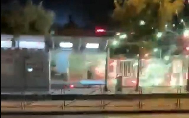 Fireworks being shot at police in Shuafat, East Jerusalem, in a video published on June 30, 2019. (Screen capture: Twitter)