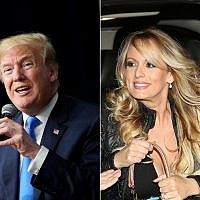 This combination of file pictures shows US President Donald Trump speaking at a White House forum on March 22, 2018, in Washington, DC, and actress Stephanie Clifford, who uses the stage name Stormy Daniels, arriving to perform at the Solid Gold Fort Lauderdale strip club on March 9, 2018 in Pompano Beach, Florida. (MANDEL NGAN and JOE RAEDLE / various sources / AFP)