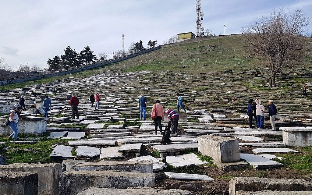 Visitors touring the Jewish cemetery of Bitola, Macedonia in 2018. (Yael Unna/Wikimedia Commons/via JTA)