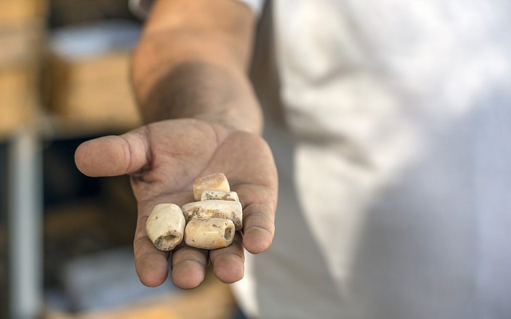 Beads discovered at the Motza archaeological site near Jerusalem. (Yaniv Berman, Israel Antiquities Authority)