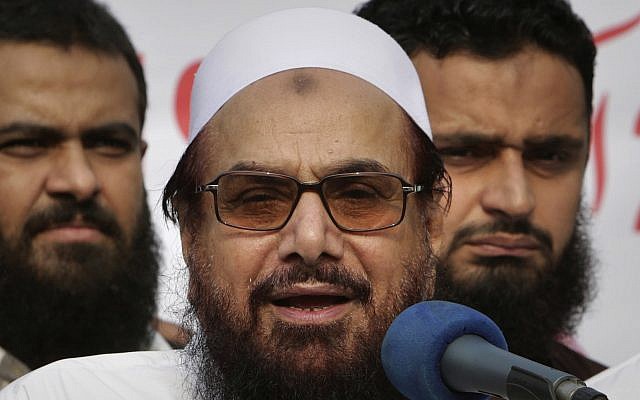Hafiz Saeed, founder of Pakistani religious group Jamaat-ud-Dawa, addresses an anti-Indian rally in Lahore, Pakistan, October 26, 2018. (K.M. Chaudary/AP)