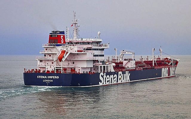 This undated photo issued Friday July 19, 2019, by Stena Bulk, shows the British oil tanker Stena Impero at unknown location (Stena Bulk via AP)