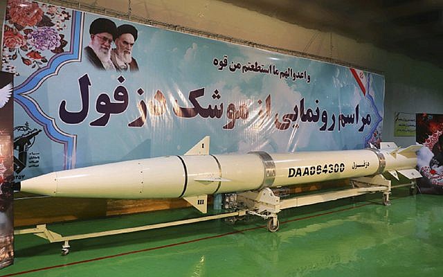 In this photo from February 7, 2019, by Sepahnews, the website of the Iranian Revolutionary Guard, a Dezful surface-to-surface ballistic missile is displayed in an undisclosed location in Iran. (Sepahnews via AP)