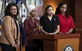(From left) Democratic representatives Rashida Tlaib of Michigan, Ilhan Omar of Minnesota, Alexandria Ocasio-Cortez of New York and Ayanna Pressley of Massachusetts respond to remarks by US President Donald Trump after his call for the four Democratic congresswomen to go back to their 'broken' countries, during a news conference at the Capitol in Washington, on July 15, 2019. (AP Photo/J. Scott Applewhite)