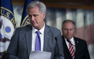 House Republican Leader Kevin McCarthy joined at right by Minority Whip Steve Scalise, wraps up a news conference at the Capitol in Washington, July 16, 2019 (AP Photo/J. Scott Applewhite)
