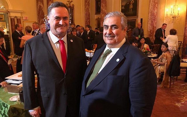 Foreign Minister Israel Katz and his Bahraini counterpart Khalid bin Ahmed Al-Khalifa (R) pose for a photograph at the State Department in Washington on July 17, 2019. (Courtesy)