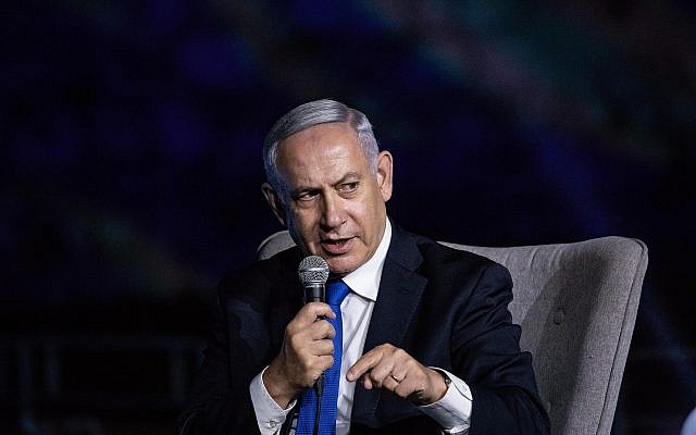 Prime Minister Benjamin Netanyahu speaks at a conference hosted by the Israel Hayom newspaper in Jerusalem's Old City on June 27, 2019. (Aharon Krohn/Flash90)
