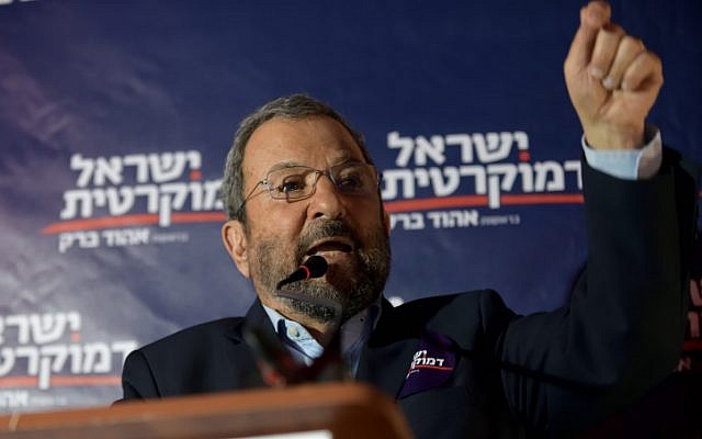 Former Israeli prime minister and leader of Israel Democratic party Ehud Barak speaks at the party’s election campaign event in Tel Aviv on July 17, 2019. (Gili Yaari/Flash90)