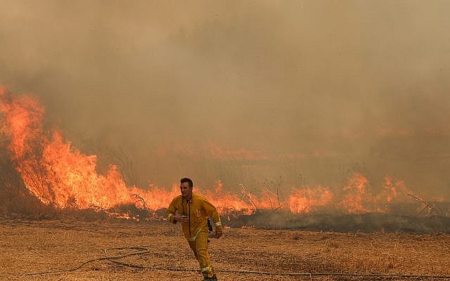 Firefighters try to extinguish a forest fire near Moshav Aderet, July 17, 2019. (Noam Revkin Fenton/Flash90)