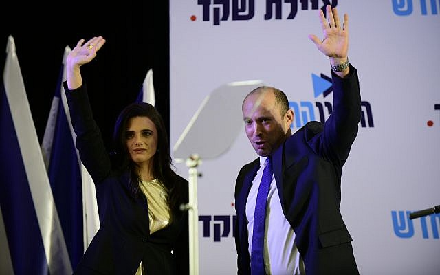 Ayelet Shaked and Naftali Bennett at a press conference in Ramat Gan, where the former was announced as the new head of the New Right party, on July 21, 2019. (Tomer Neuberg/Flash90)