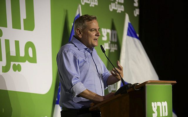 Nitzan Horowitz, leader of Meretz party and of the Democratic Camp, speaks at an election campaign event in Tel Aviv on July 28, 2019. (Gili Yaari / Flash90)